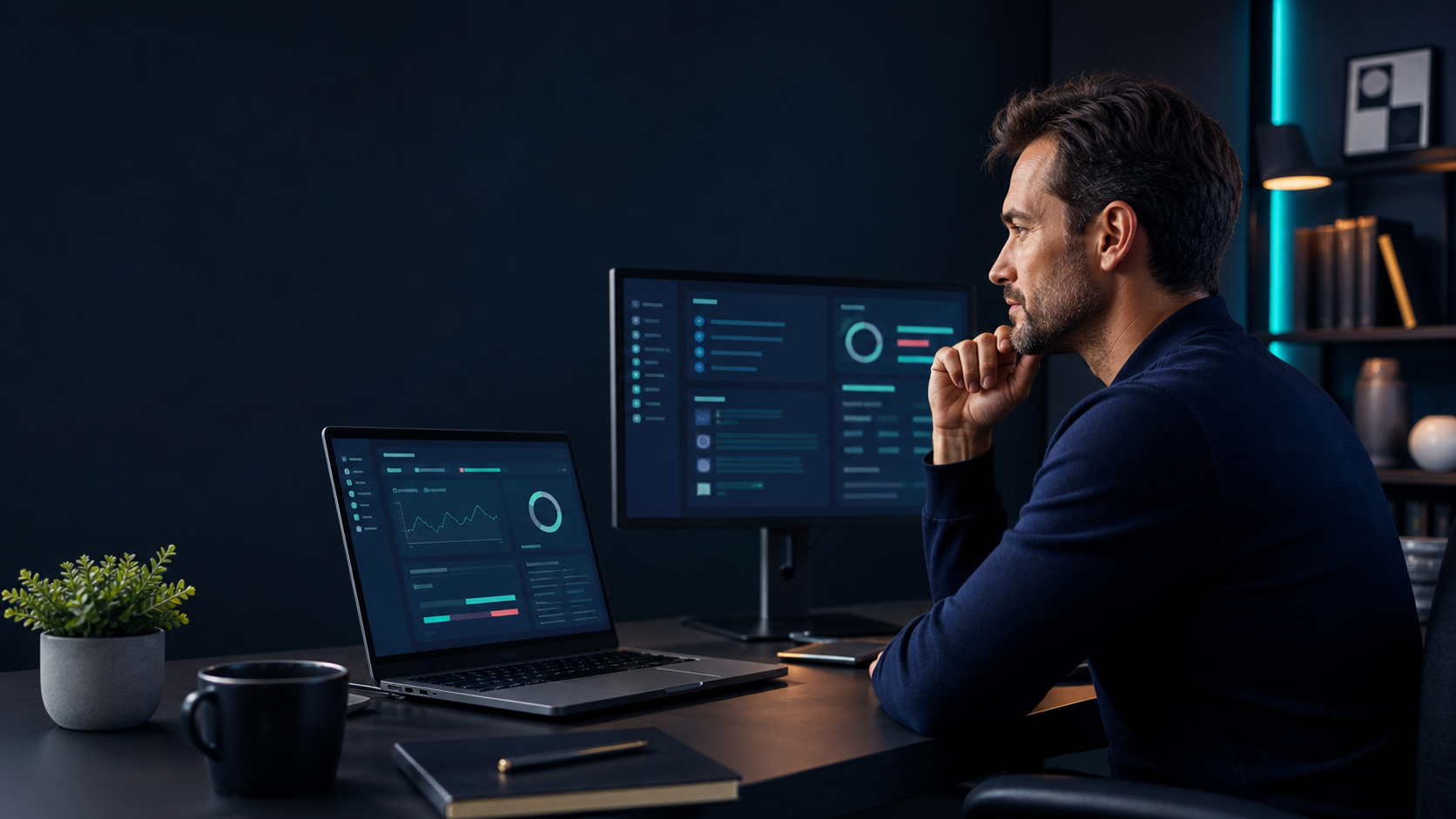 Illustration of an adviser working through a busy workflow at a computer